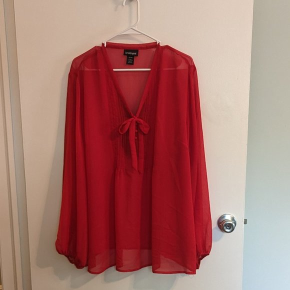 Lane Bryant Tops - Plus Size Sheer Red Blouse 26/28 by Lane Bryant with Bow tie neckline